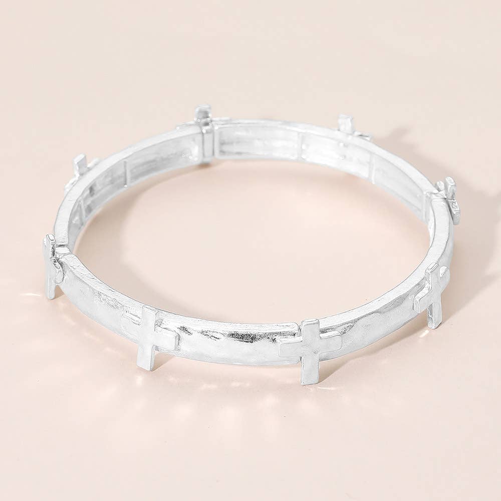 Hammered Brushed Metal Cross Accent Stretch Bracelet