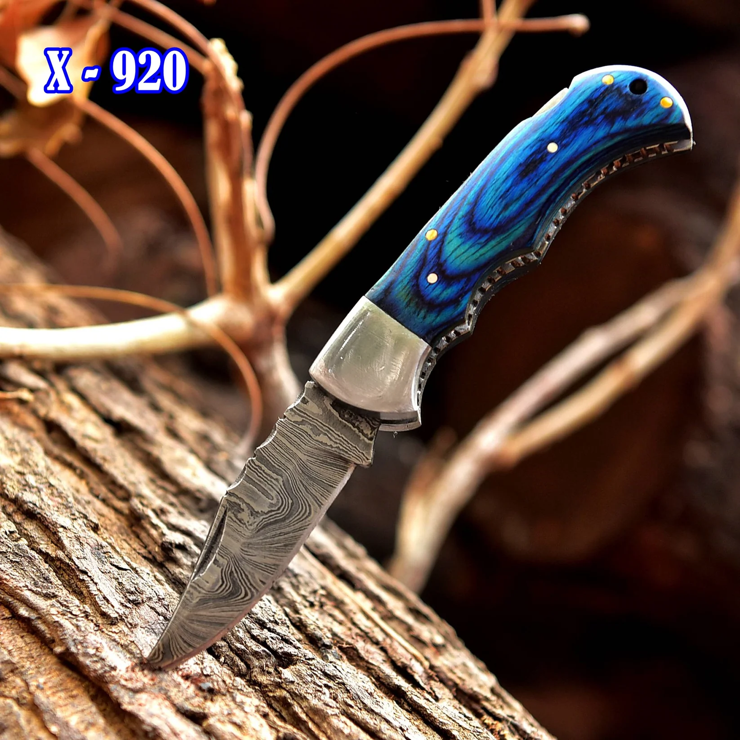 Handcrafted Damascus Steel Folding Pocket Knife with Blue