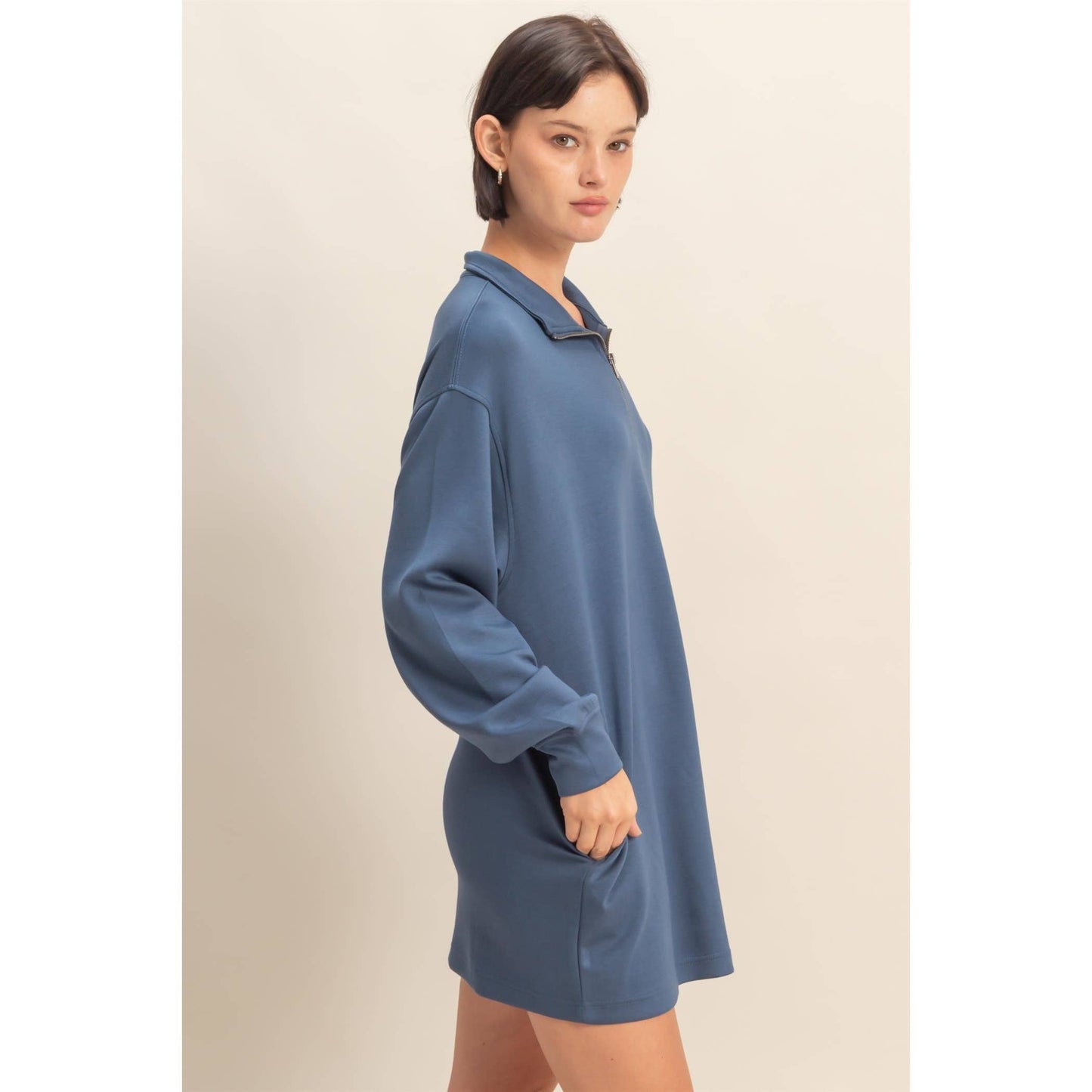 Double Knit Half Zip Up Long Sleeve Mini Dress