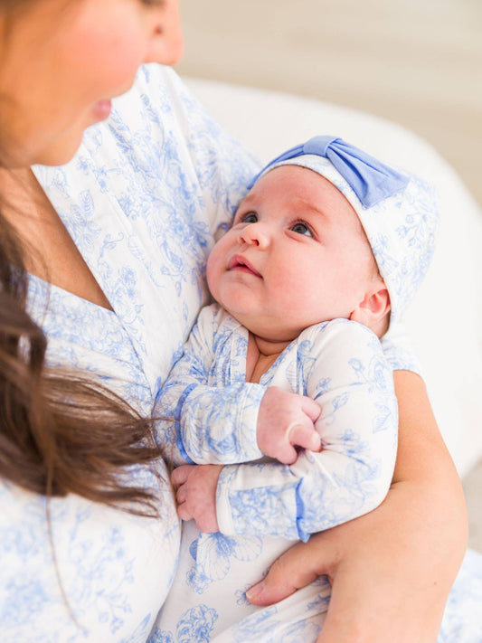 Baby Girls Periwinkle Blue Butterfly Garden Toile Bamboo Viscose Ruffle Knotted Sleep Gown & Hat Set