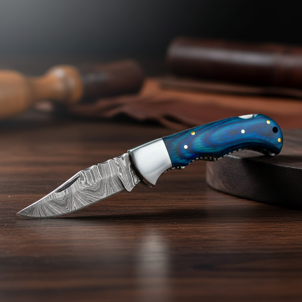 Handcrafted Damascus Steel Folding Pocket Knife with Blue