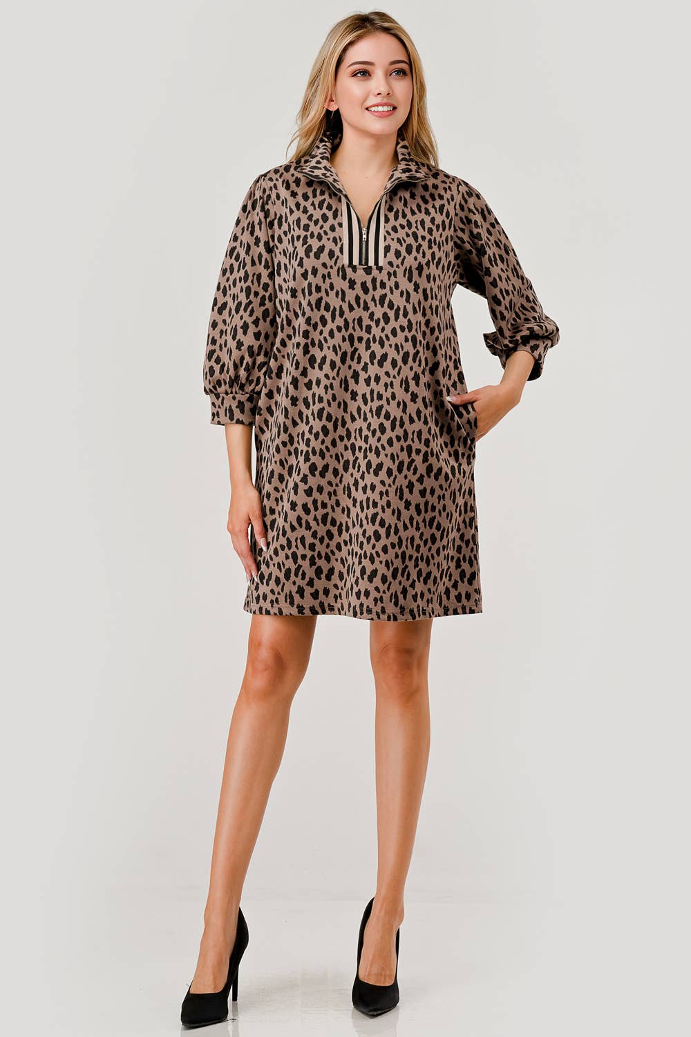 Mandy Leopard Print fabric Zipper Dress Brown
