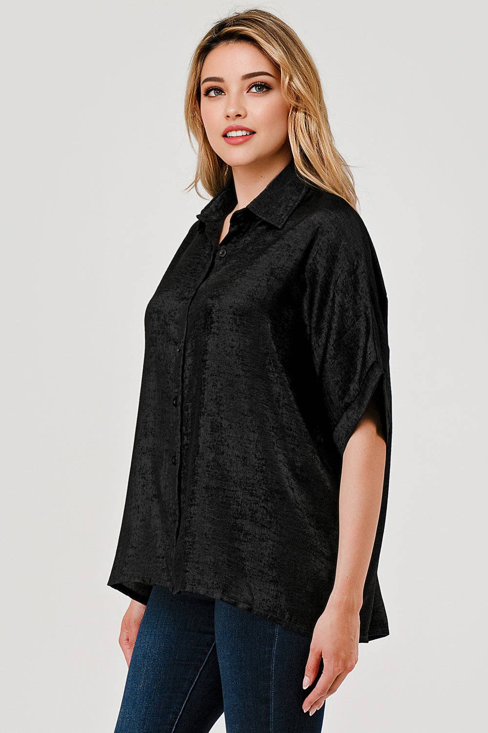 Sonya Shimmer Metallic Foil Button Down Top Black