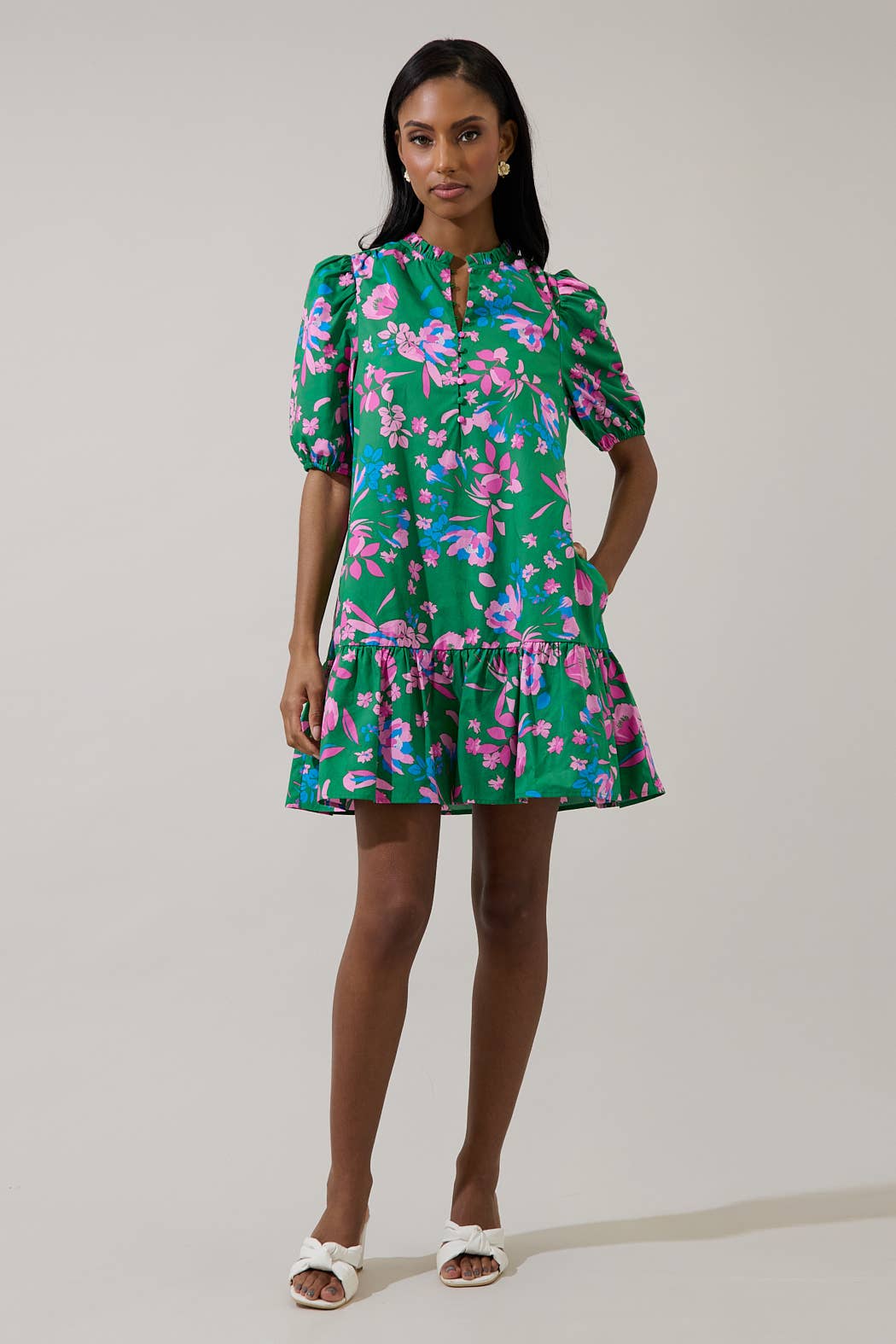 Denavi Floral Rully Shift Mini Dress