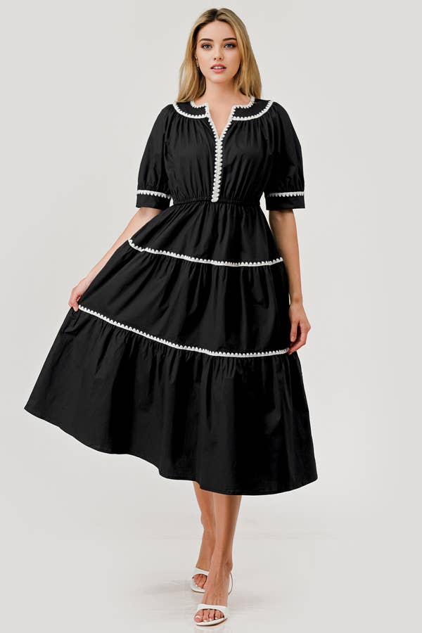  Pippa Short Sleeve Poplin Embroidered Midi Dress Black