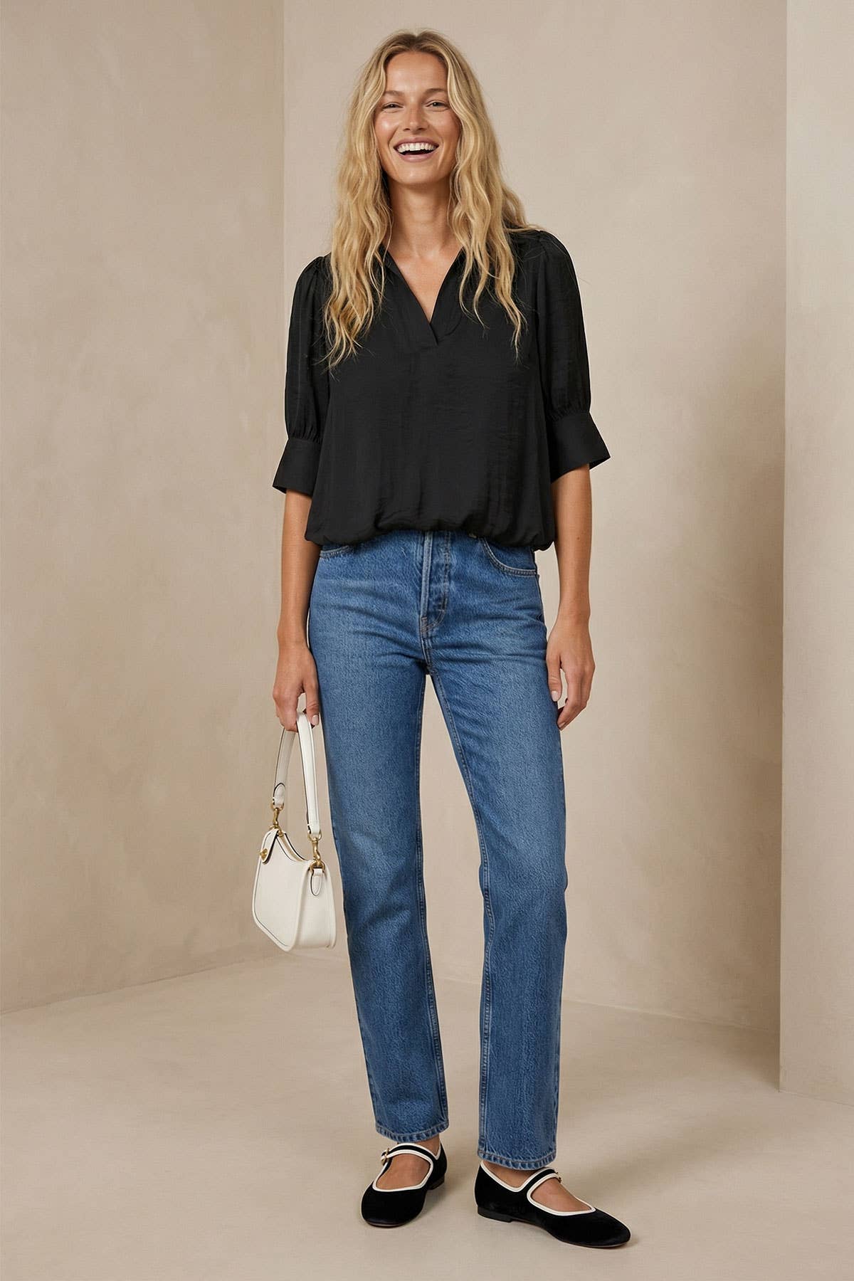 Half Sleeve Hi-lo Bubble Hem Blouse