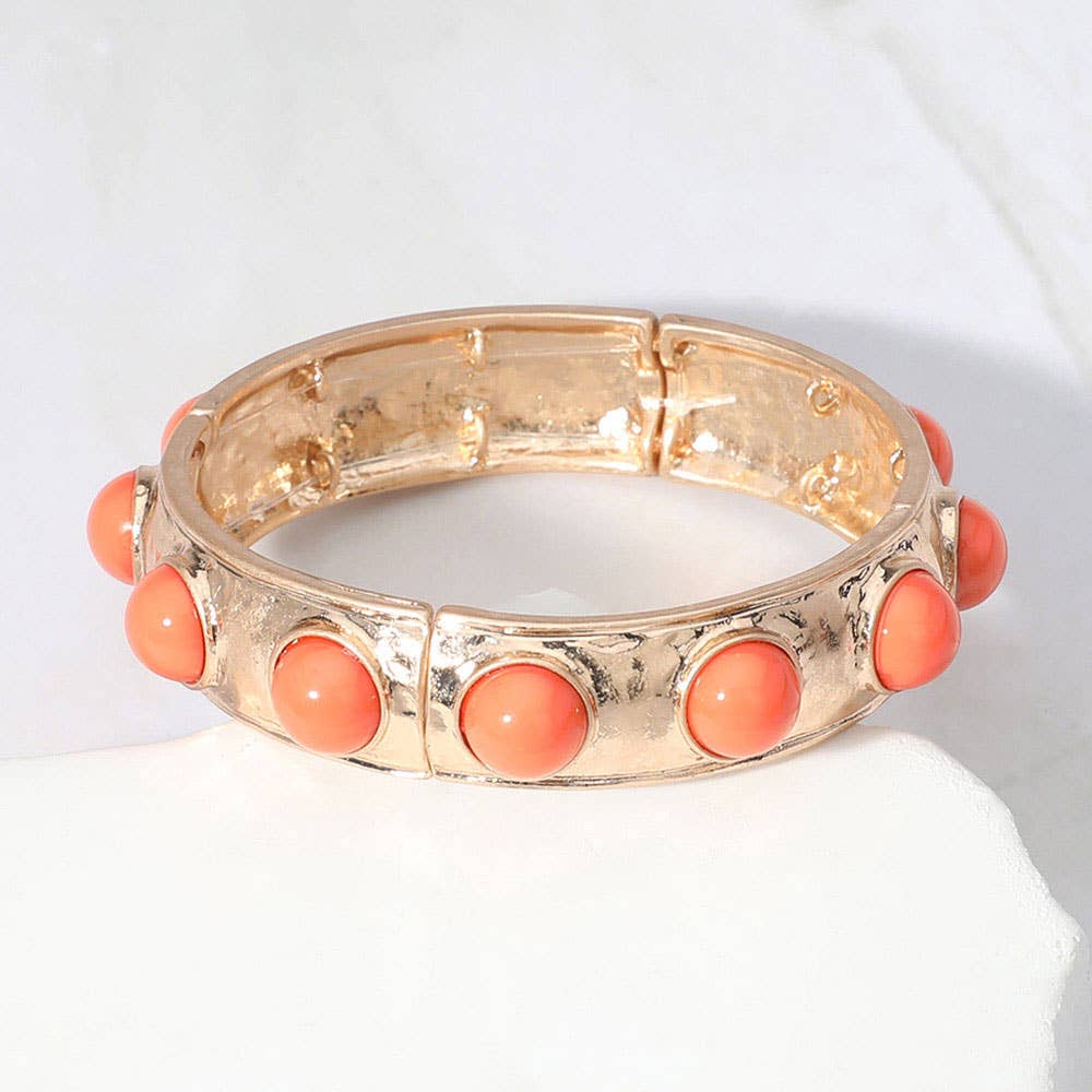 Bead Pearl Embellished Hammered Metal Stretch Bracelet