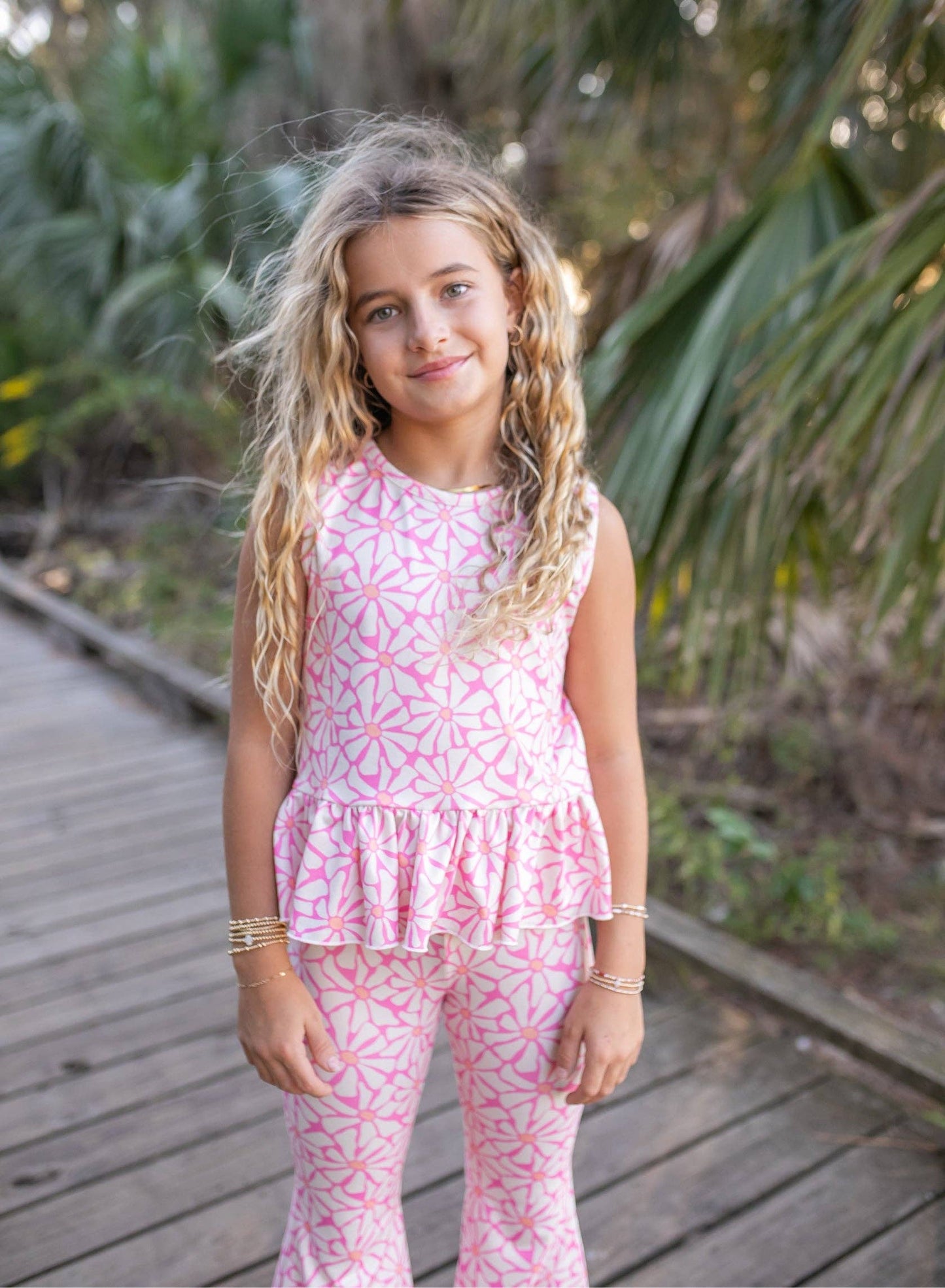 Girls Pink Groove Floral Spring Summer Pant Set