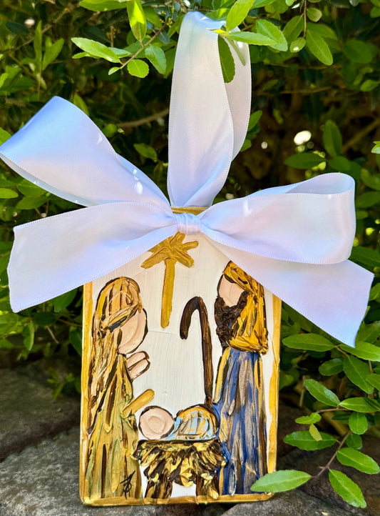 Nativity hand painted ornament with satin bow