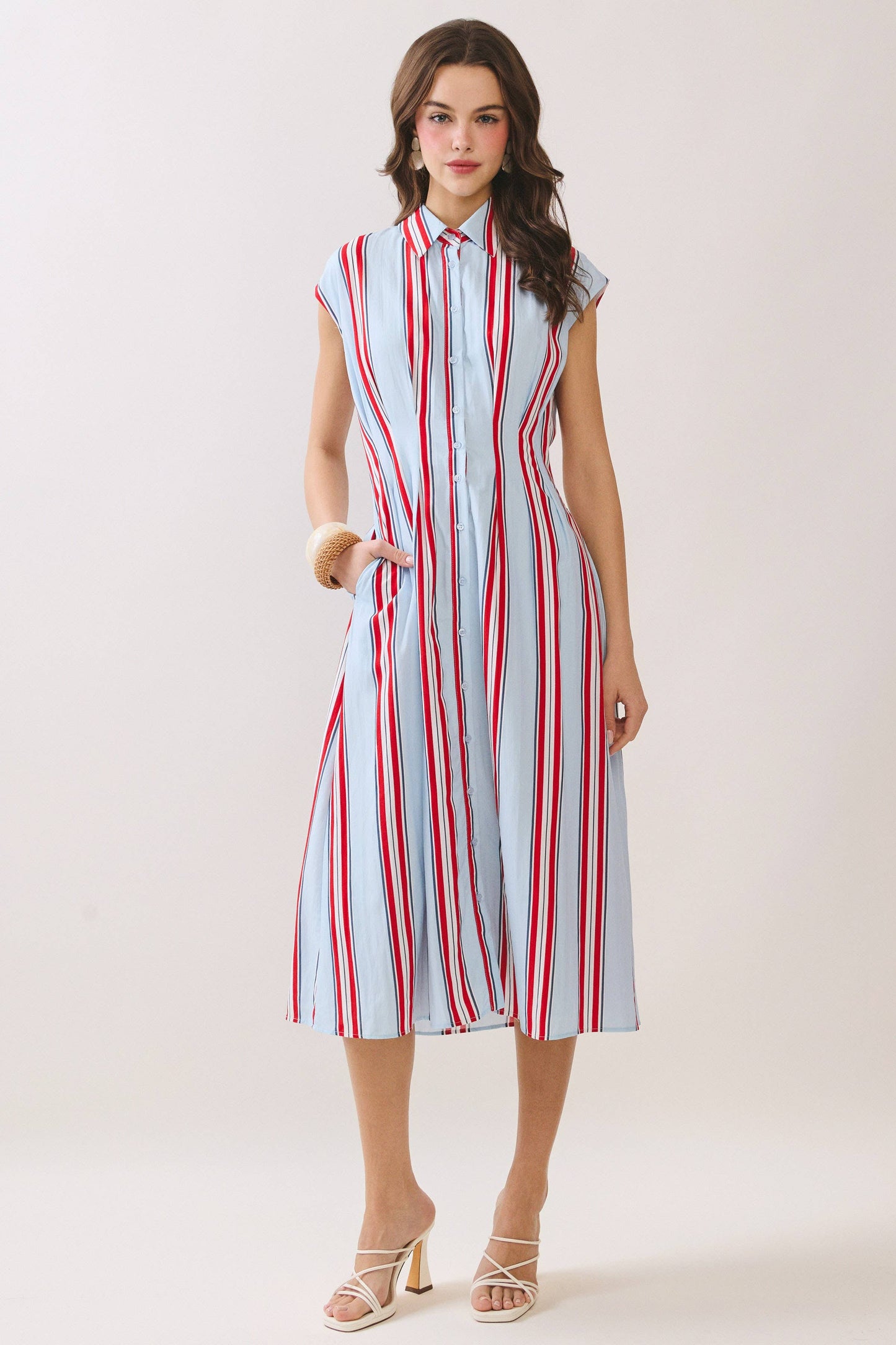 CD06694-Fitted Bodice Striped Button Down Midi Dress