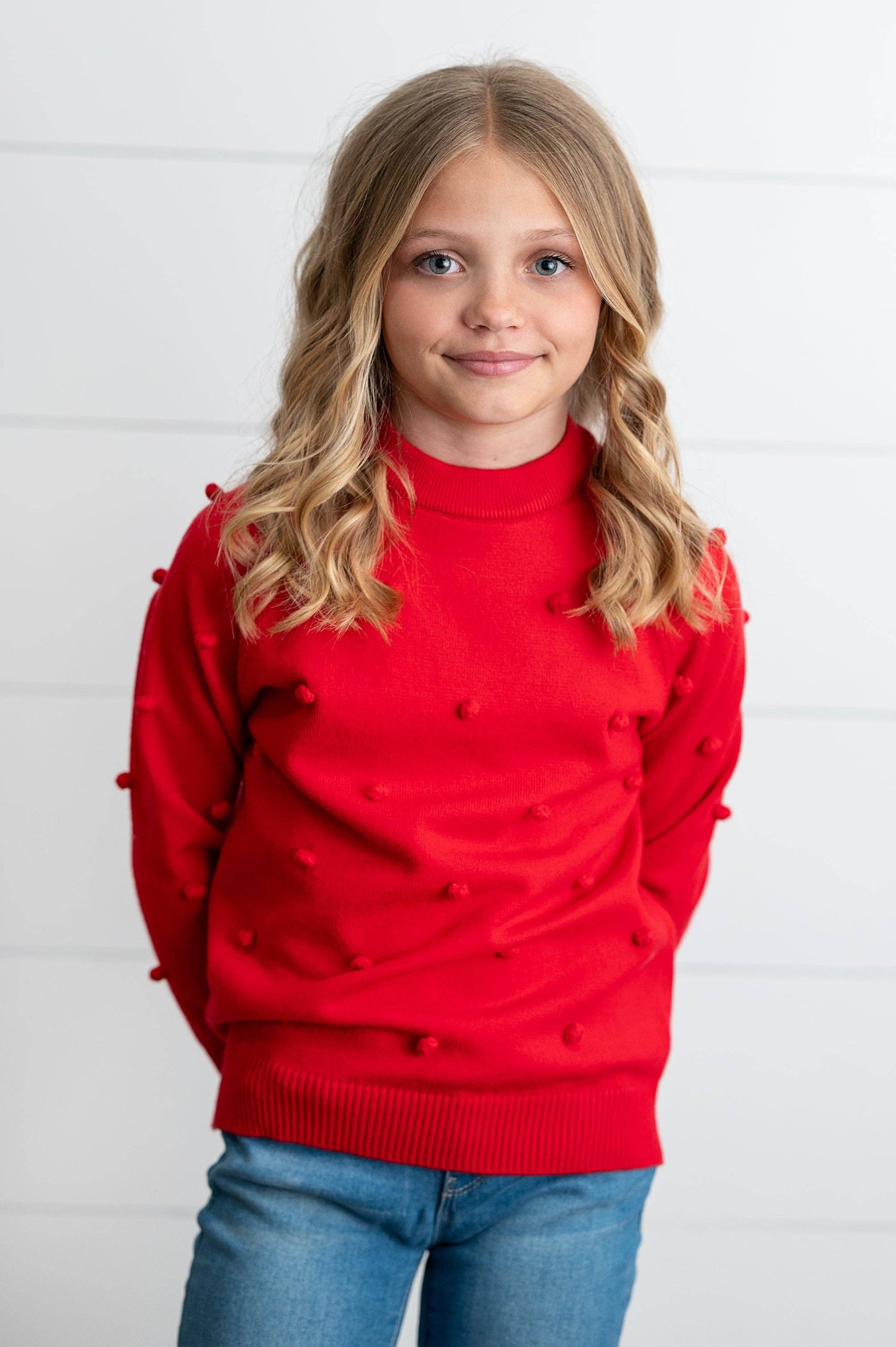 Kids Red Pom Pom Fall Winter Holiday Crew Neck Sweater