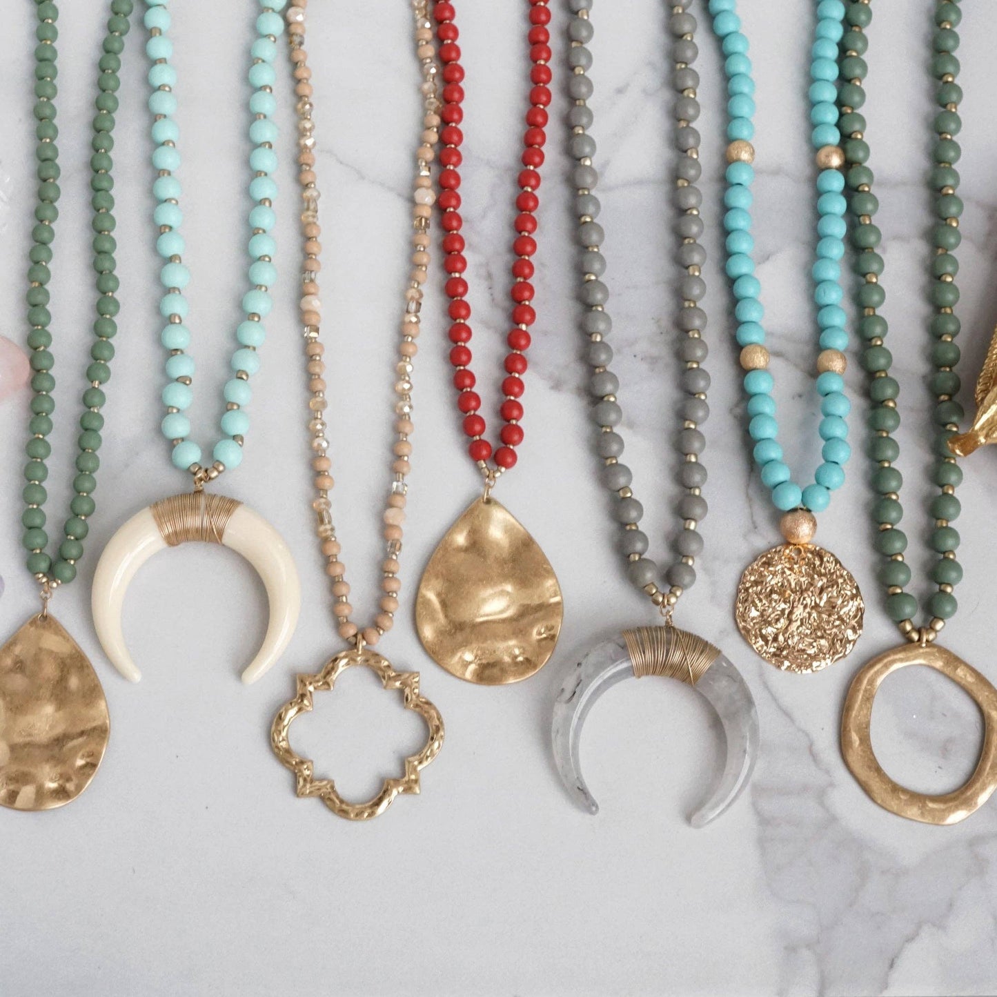 Long Wooden Bead Necklace with gold teardrop - red