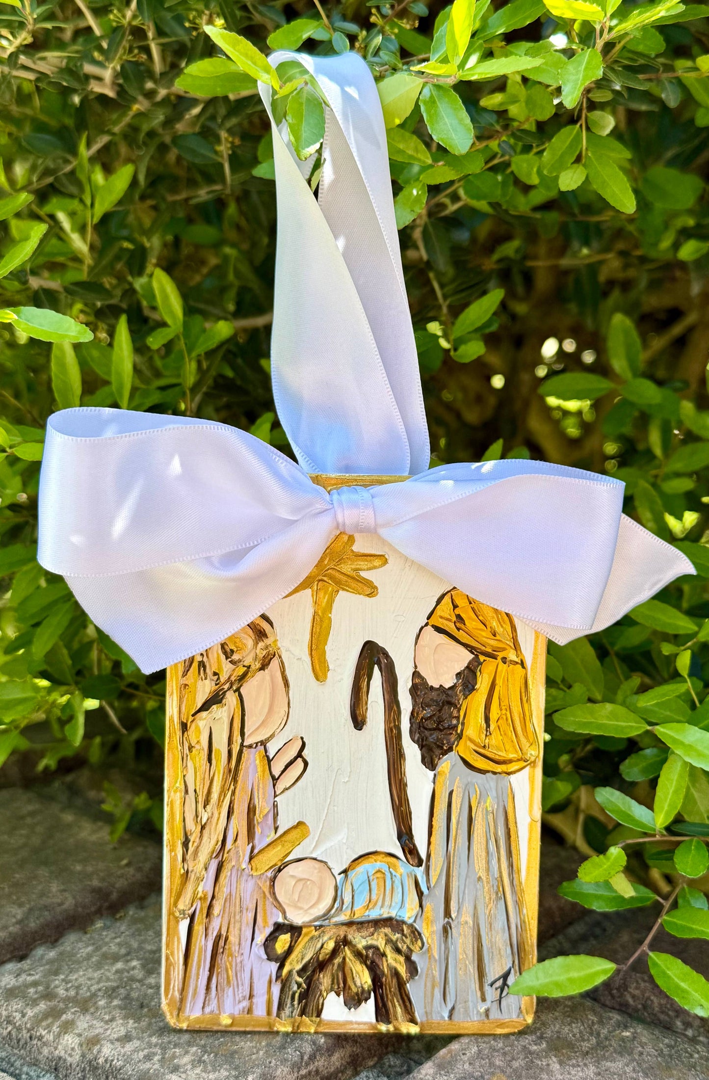 Nativity hand painted ornament with satin bow