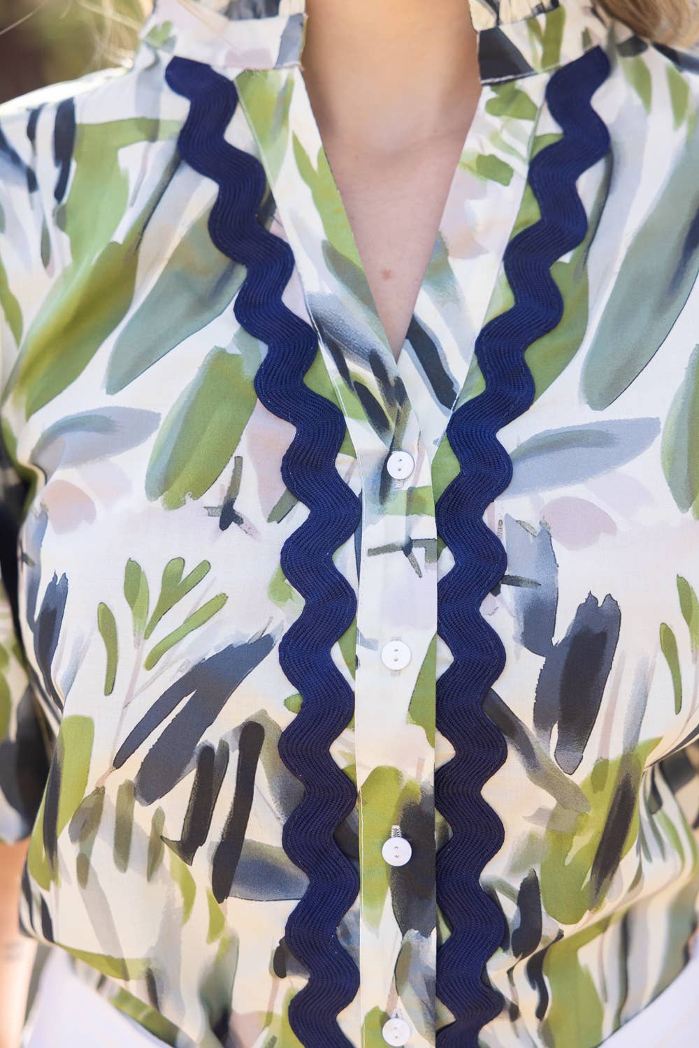 36025 Wavy Trim Button Down Print Top