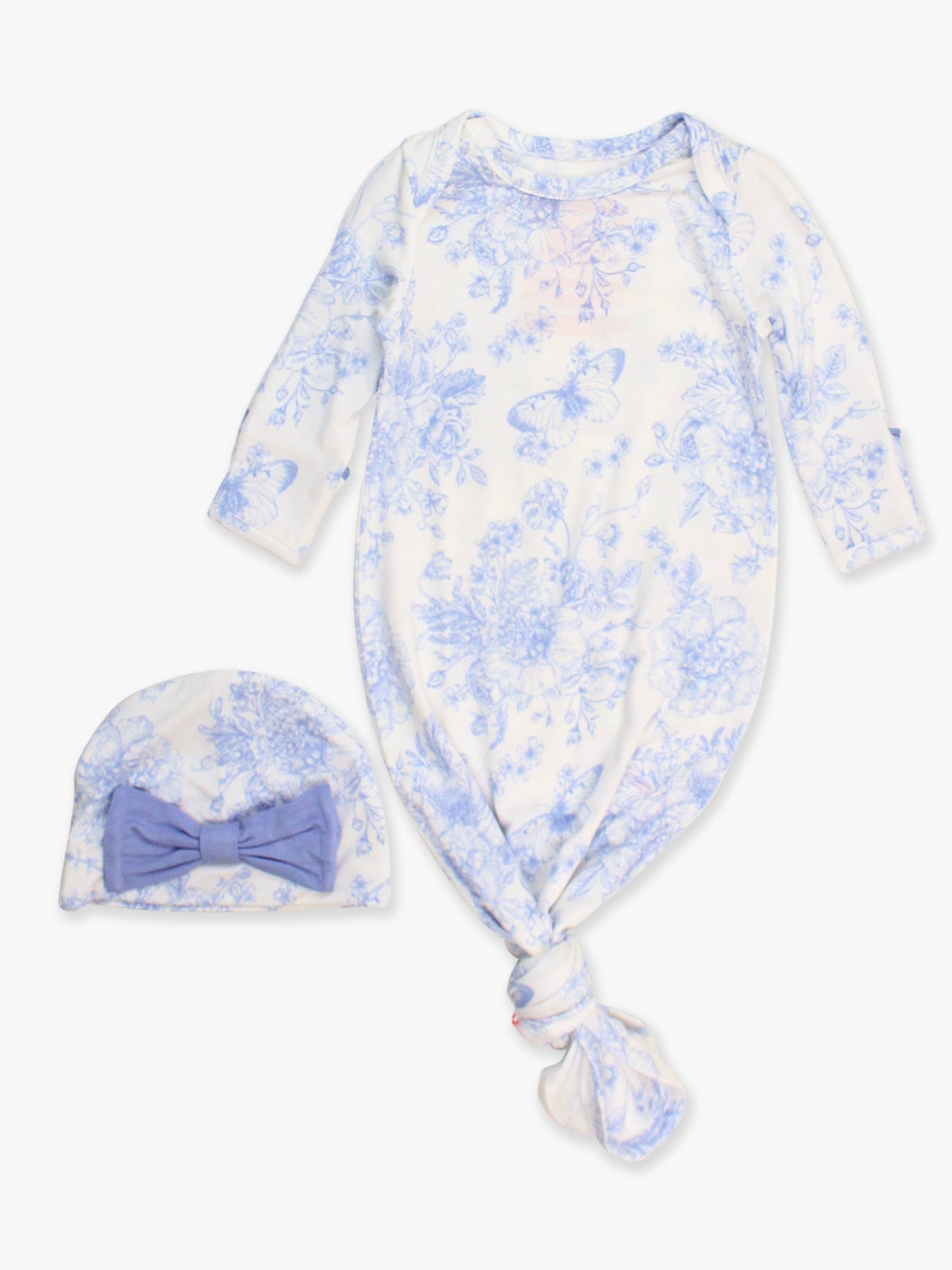 Baby Girls Periwinkle Blue Butterfly Garden Toile Bamboo Viscose Ruffle Knotted Sleep Gown & Hat Set