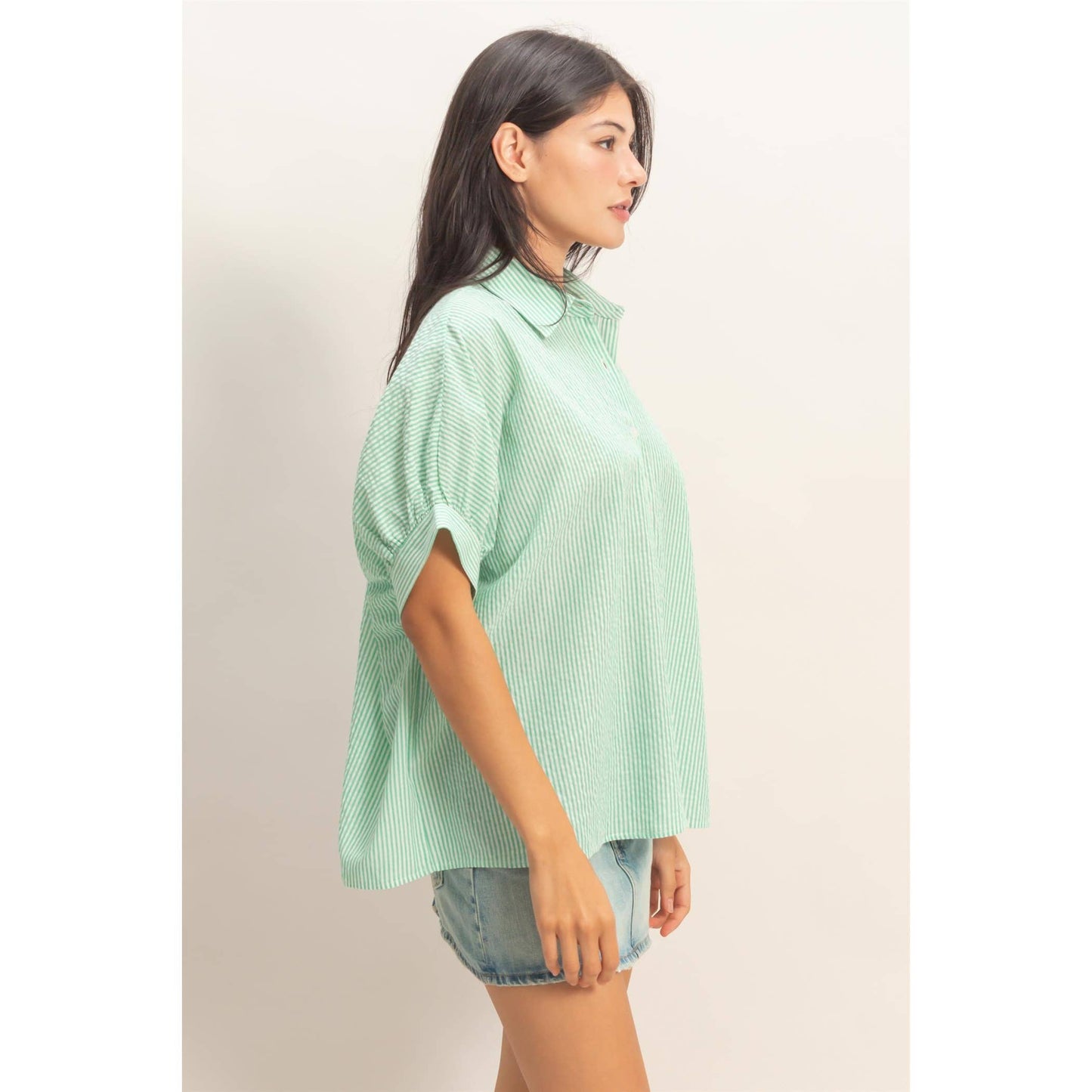 Striped Short Sleeve Button-Front Blouse