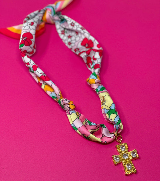 Scarf Charm Necklace - Multi Floral w Large Rhinestone Cross