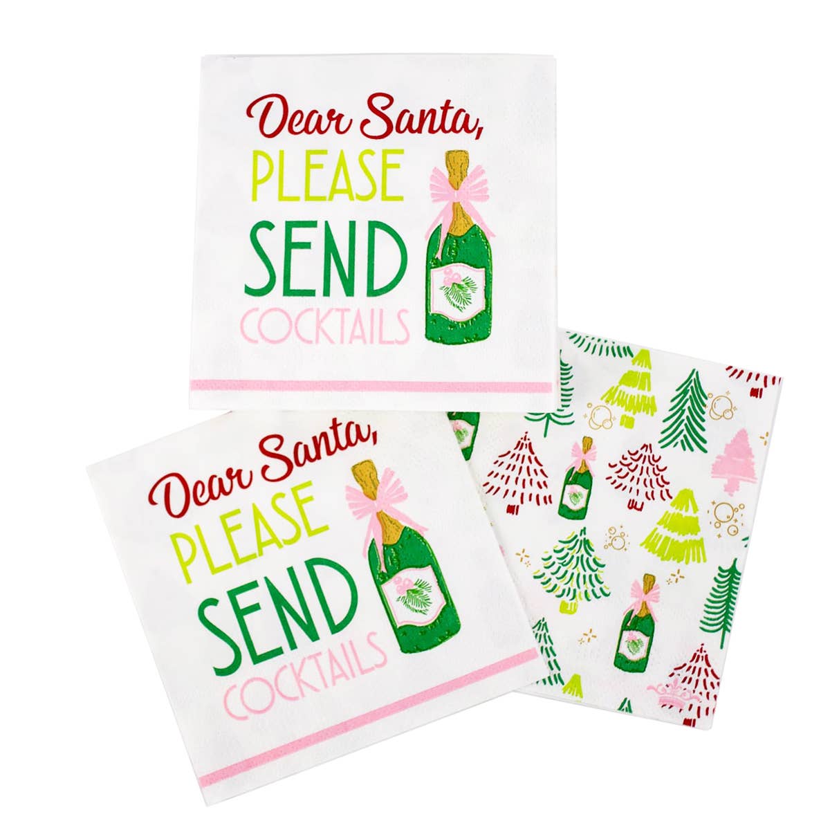 Dear Santa Cocktail Napkins   White/Green/Pink   5x5
