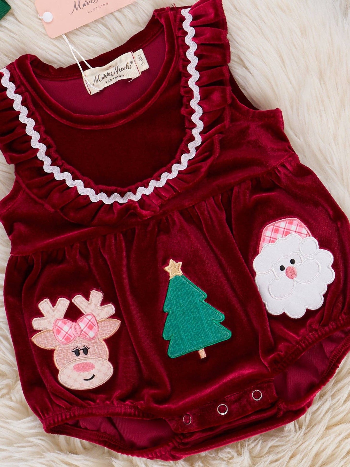 Santa's Little Helper Embroidered Velvet Bubble Romper
