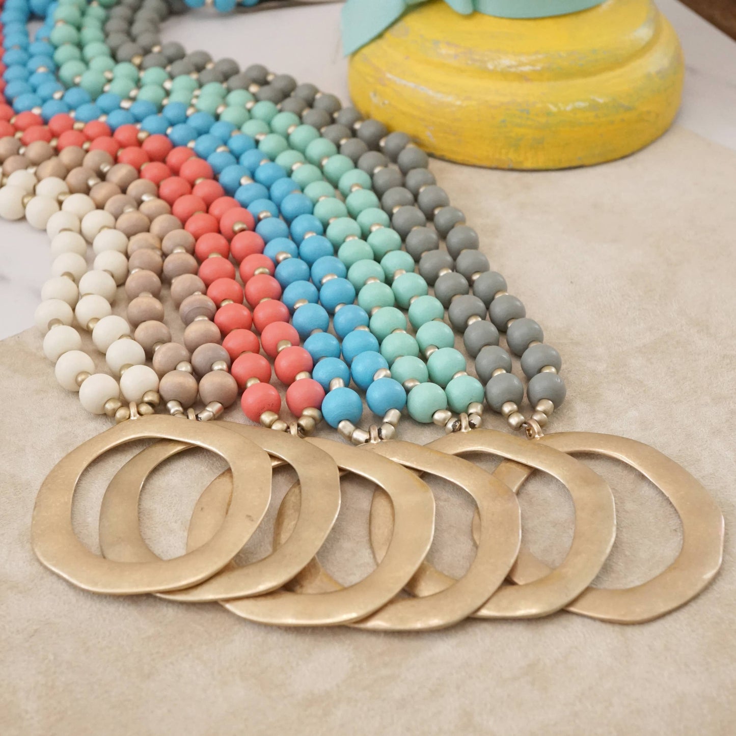 Long Wooden Bead Necklace with gold circle - Cream