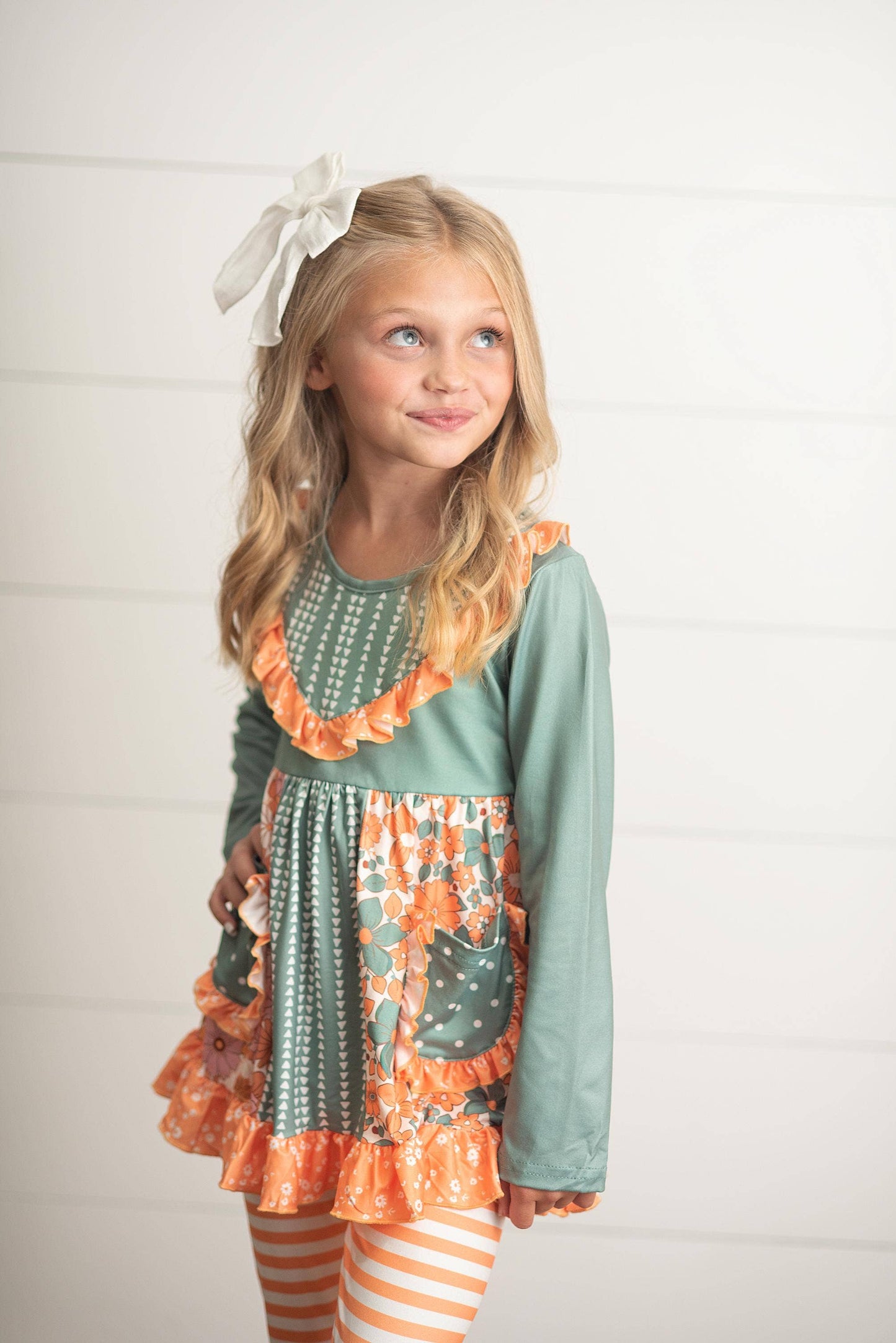 Kids Sage Floral Pocket Two Piece Bell Bottom Ruffle Set