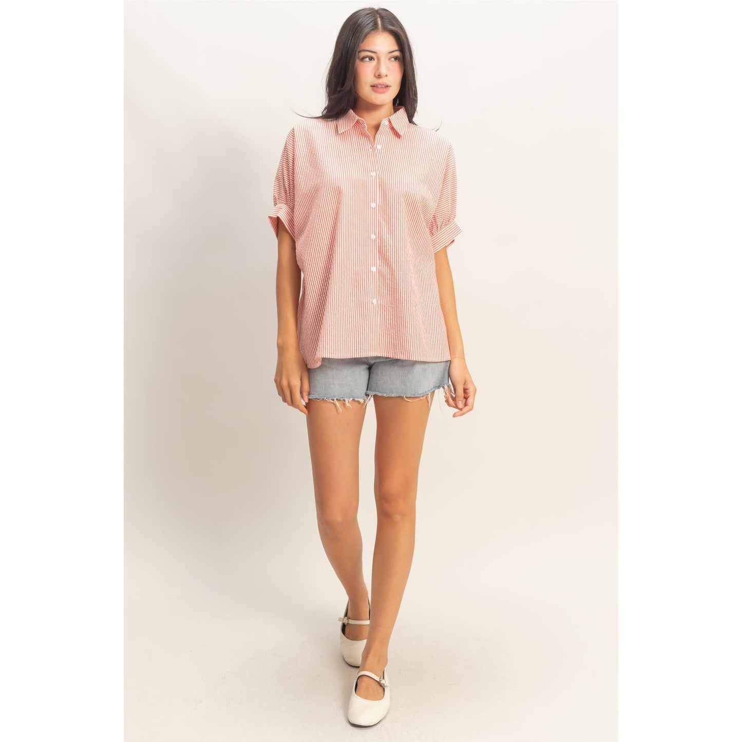 Striped Short Sleeve Button-Front Blouse