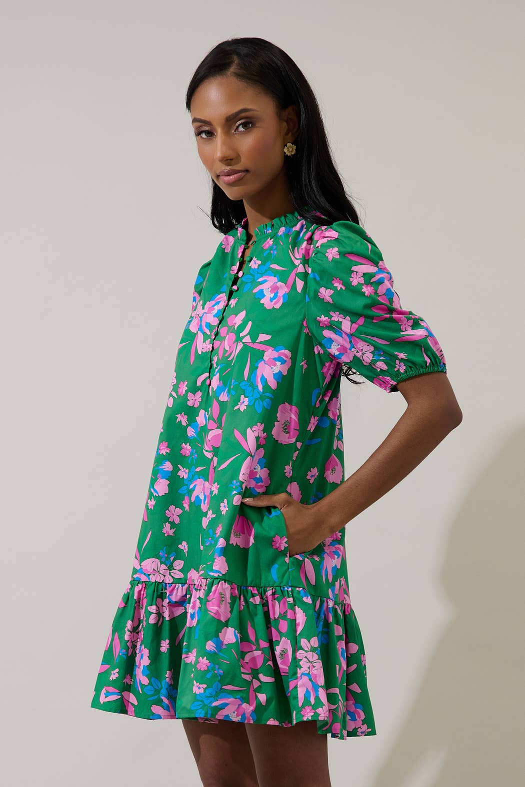 Denavi Floral Rully Shift Mini Dress