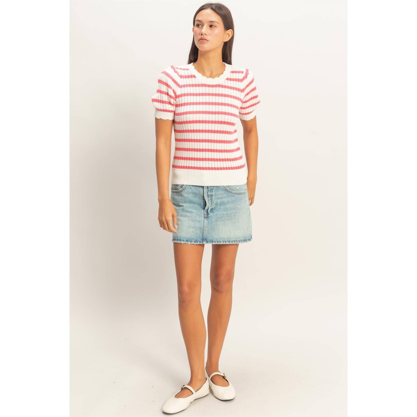 Striped Scallop Edge Puff Sleeve Knit Top