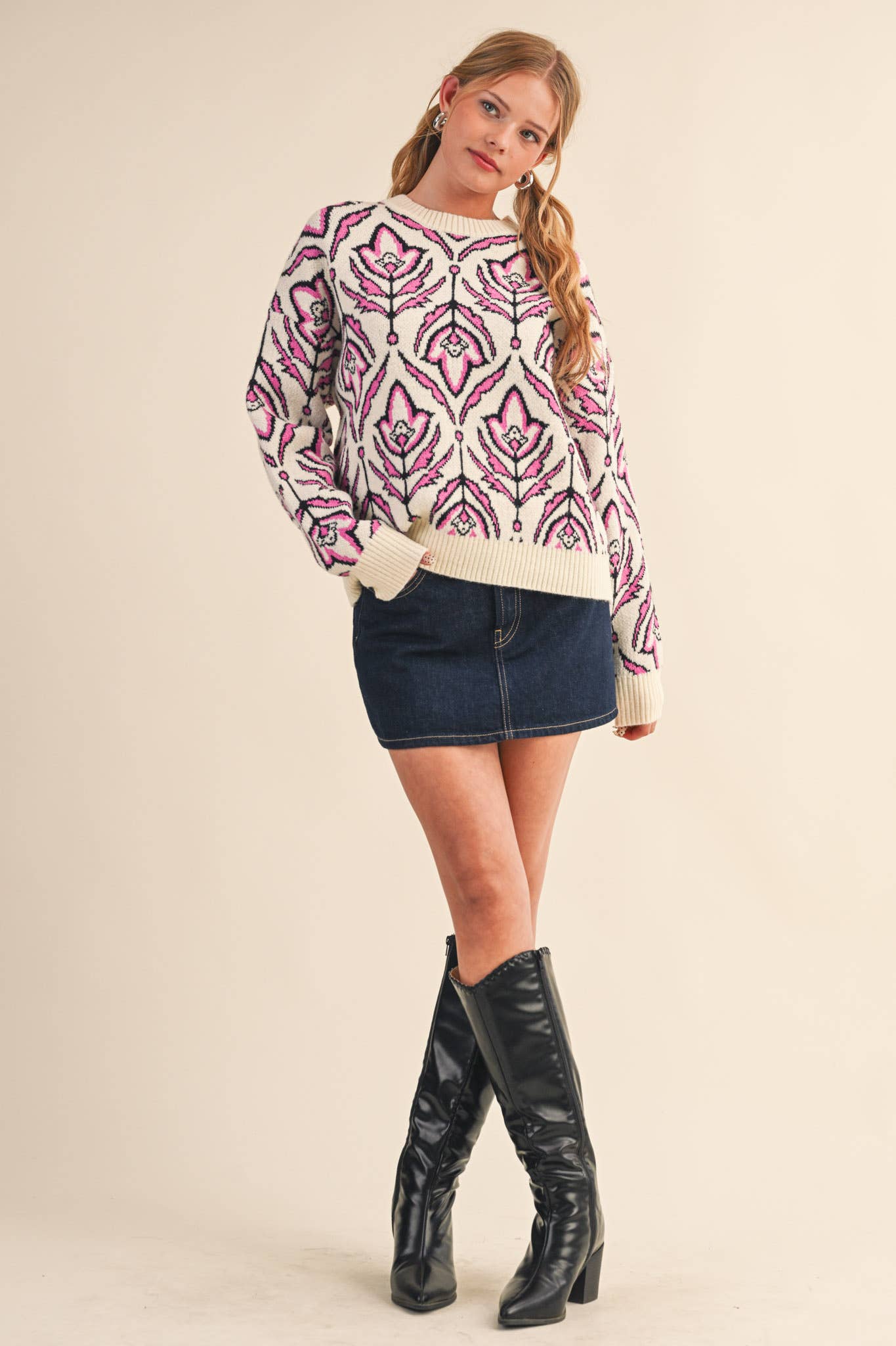 FLORAL PATTERN KNIT SWEATER MSW11095
