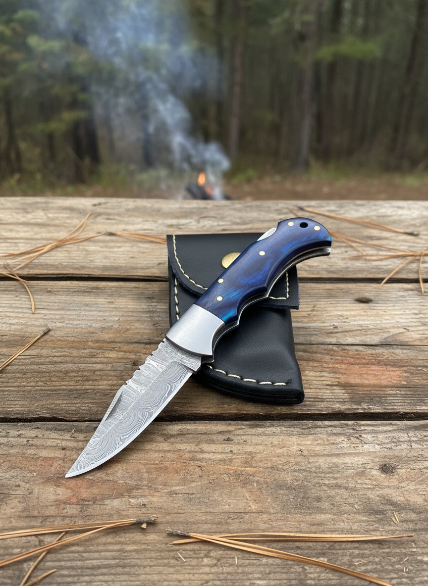 Handcrafted Damascus Steel Folding Pocket Knife with Blue