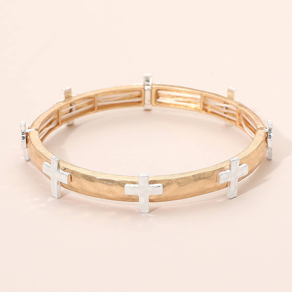 Hammered Brushed Metal Cross Accent Stretch Bracelet