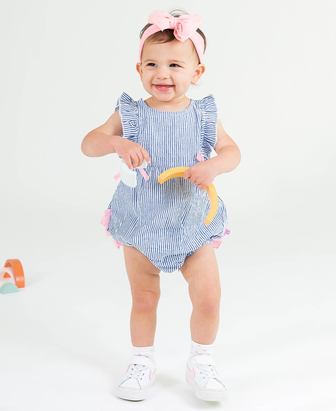 Baby Girls Classic Blue Seersucker Classic Ruffle Bubble Romper