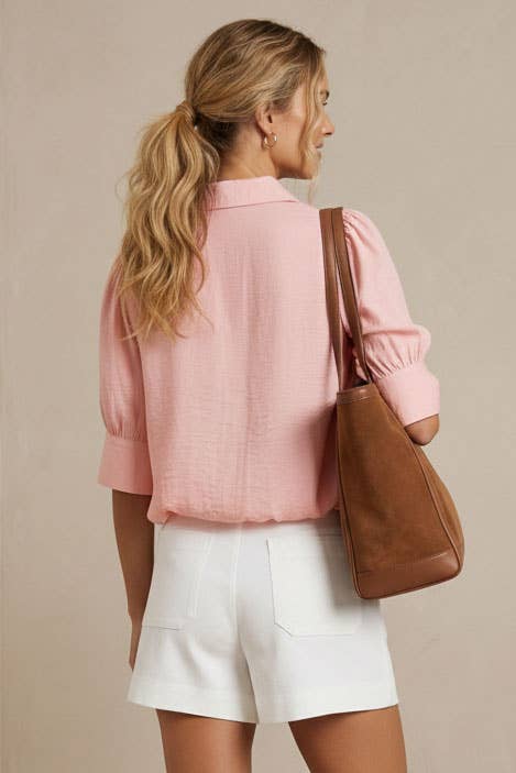 Half Sleeve Hi-lo Bubble Hem Blouse