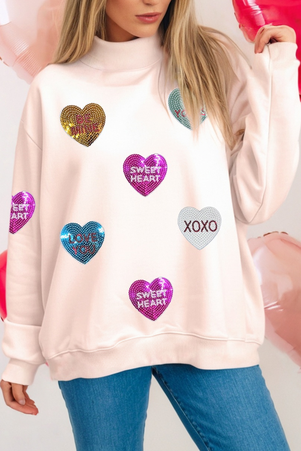 LDC Embroidered Mock Neck Valentines Day Sweatshirt