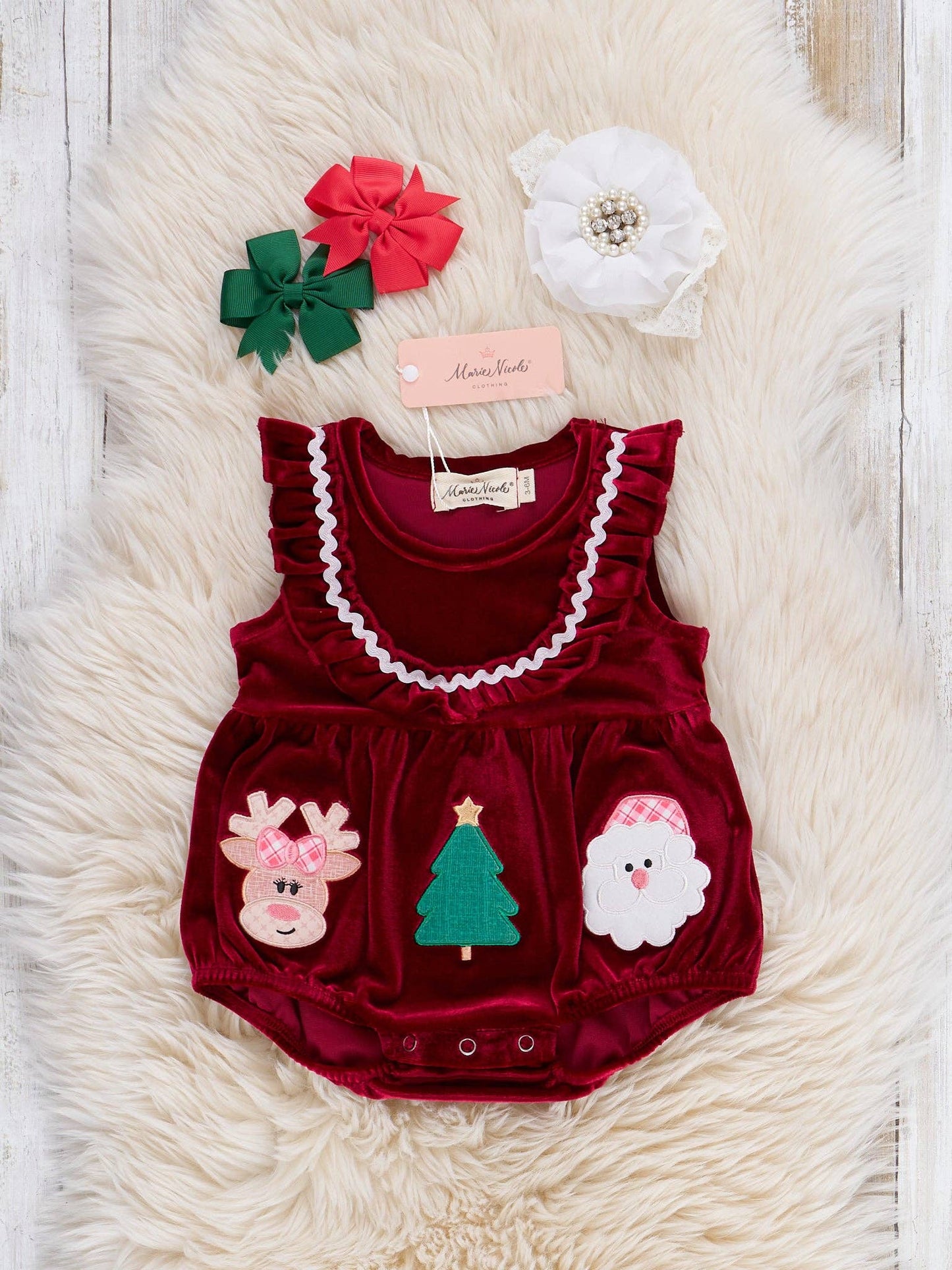 Santa's Little Helper Embroidered Velvet Bubble Romper