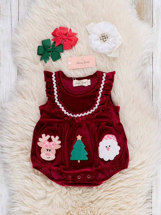 Santa's Little Helper Embroidered Velvet Bubble Romper