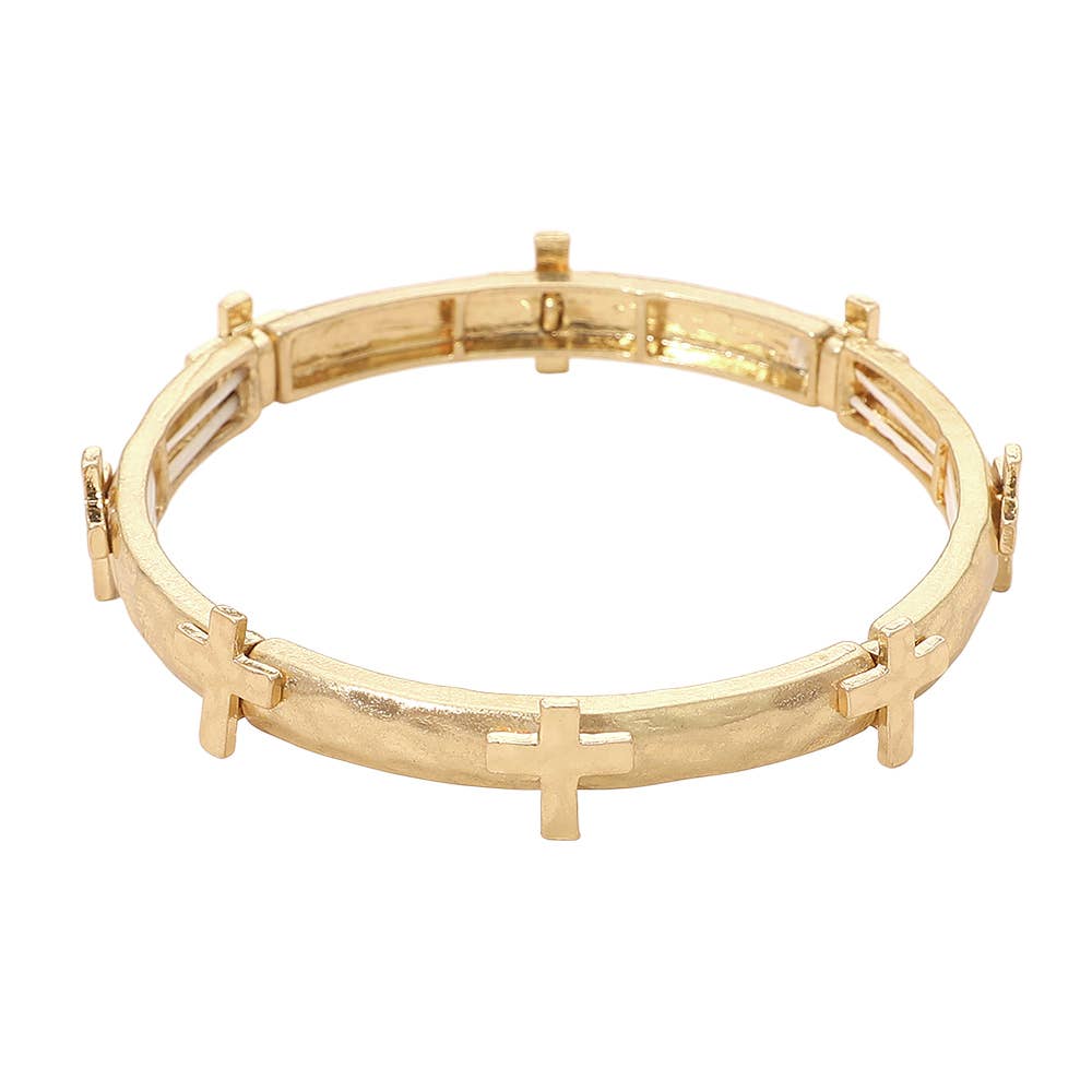 Hammered Brushed Metal Cross Accent Stretch Bracelet