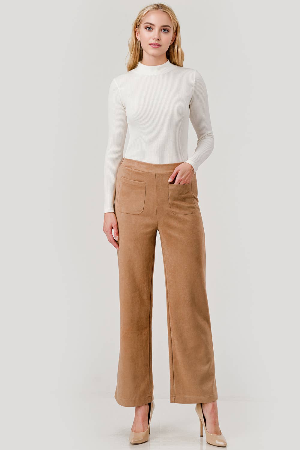 Mbp 1004 Suede Feel Pull on Front Pocket Stretch Pants Camel