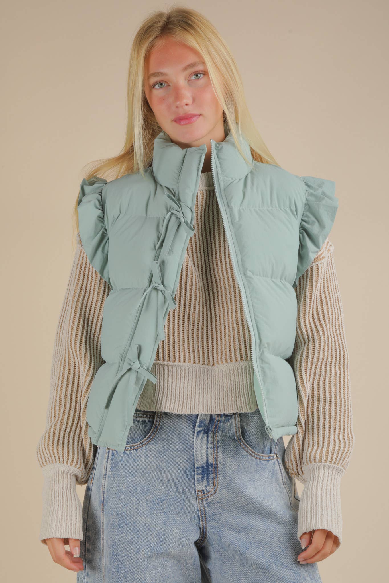 NJ90385-Front Bow Ruffle Sleeve Puffer Vest
