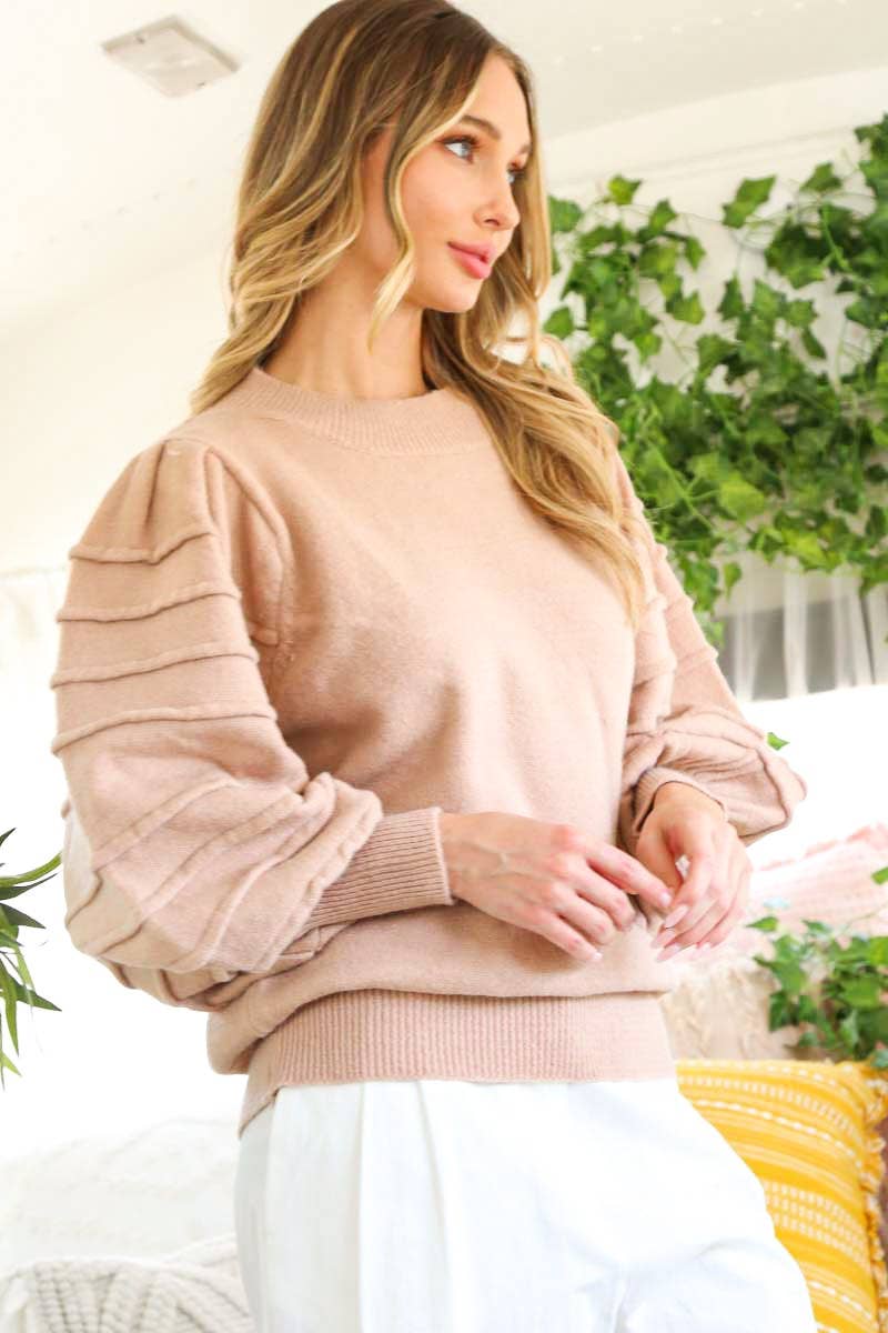 Crew Neck Textured Puff Sleeve Knitted Sweater Top VT70364