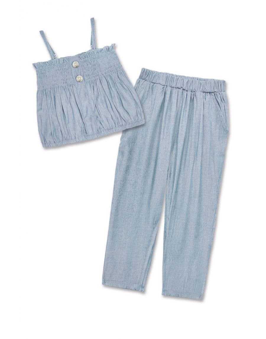 GKSS-23-3063B Girl's 2pc Denim Chambray Pant Set