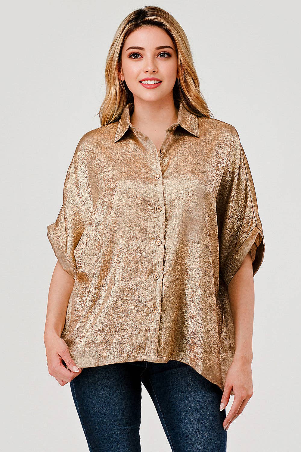 MBT 9922 Sonya Shimmer Metallic Foil Button Down Top Gold