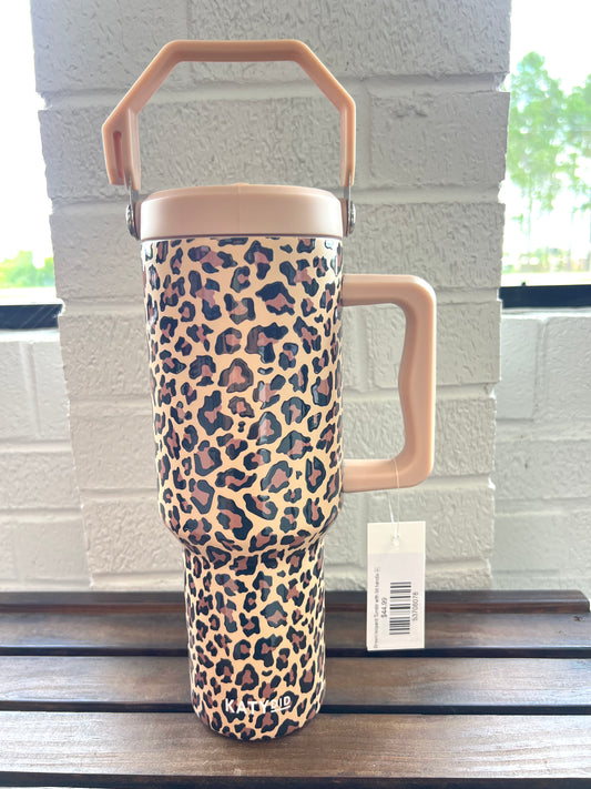 Brown leopard Tumblr with lid handle ￼