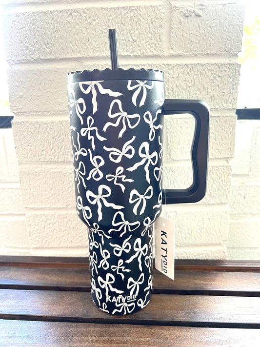 Black and White Bows all over 38 ounce Tumblr with lid handle