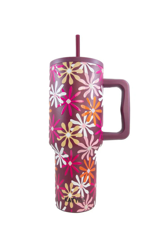 MULTICOLORED MAROON FLORAL STAINLESS STEEL TUMBLER