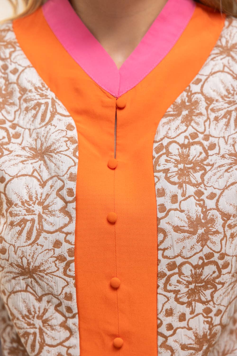 36271 Color Block Placket Floral Jacquard Top