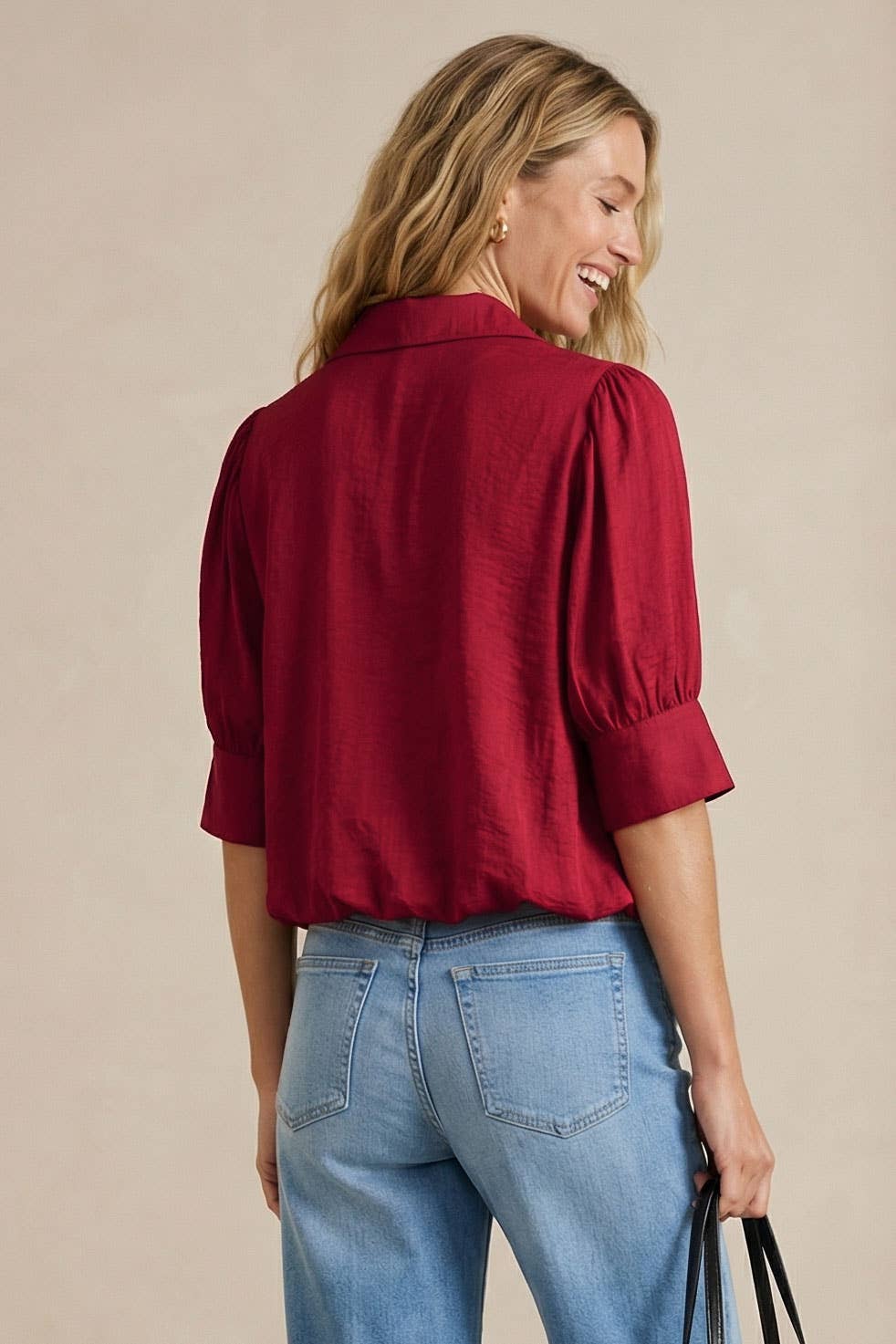 Half Sleeve Hi-lo Bubble Hem Blouse