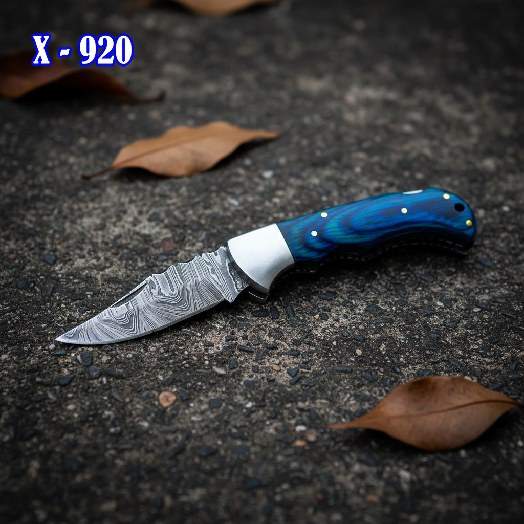 Handcrafted Damascus Steel Folding Pocket Knife with Blue