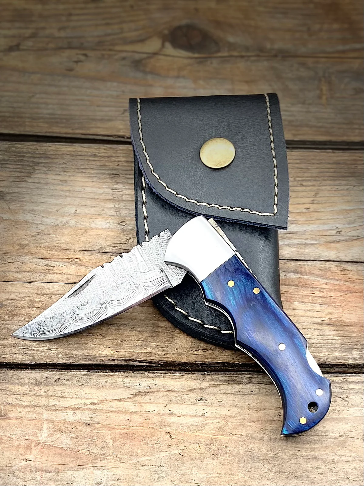 Handcrafted Damascus Steel Folding Pocket Knife with Blue