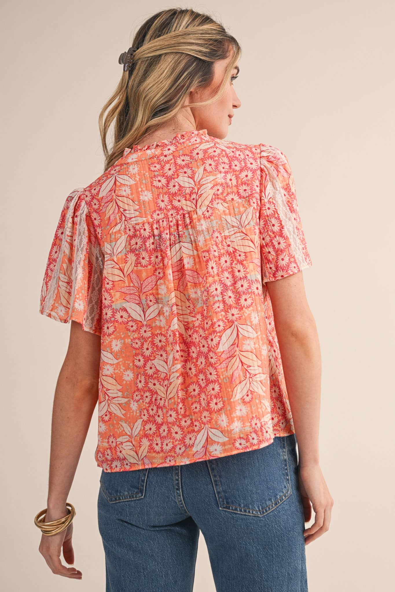 EXCLUSIVE FLORAL PRINT LACE TRIM TOP MTP4828